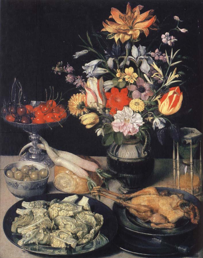 Georg Flegel Style life table with flowers, Essuaren and Studenglas